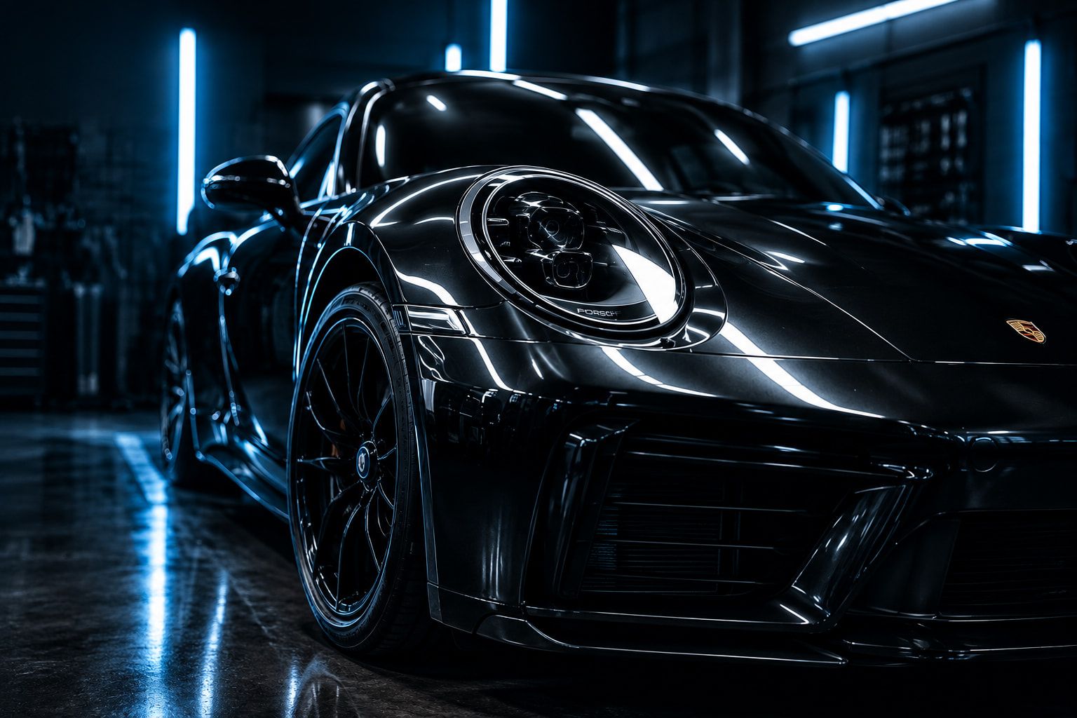 Black Porsche 911 front quarter under blue strip lights in the studio