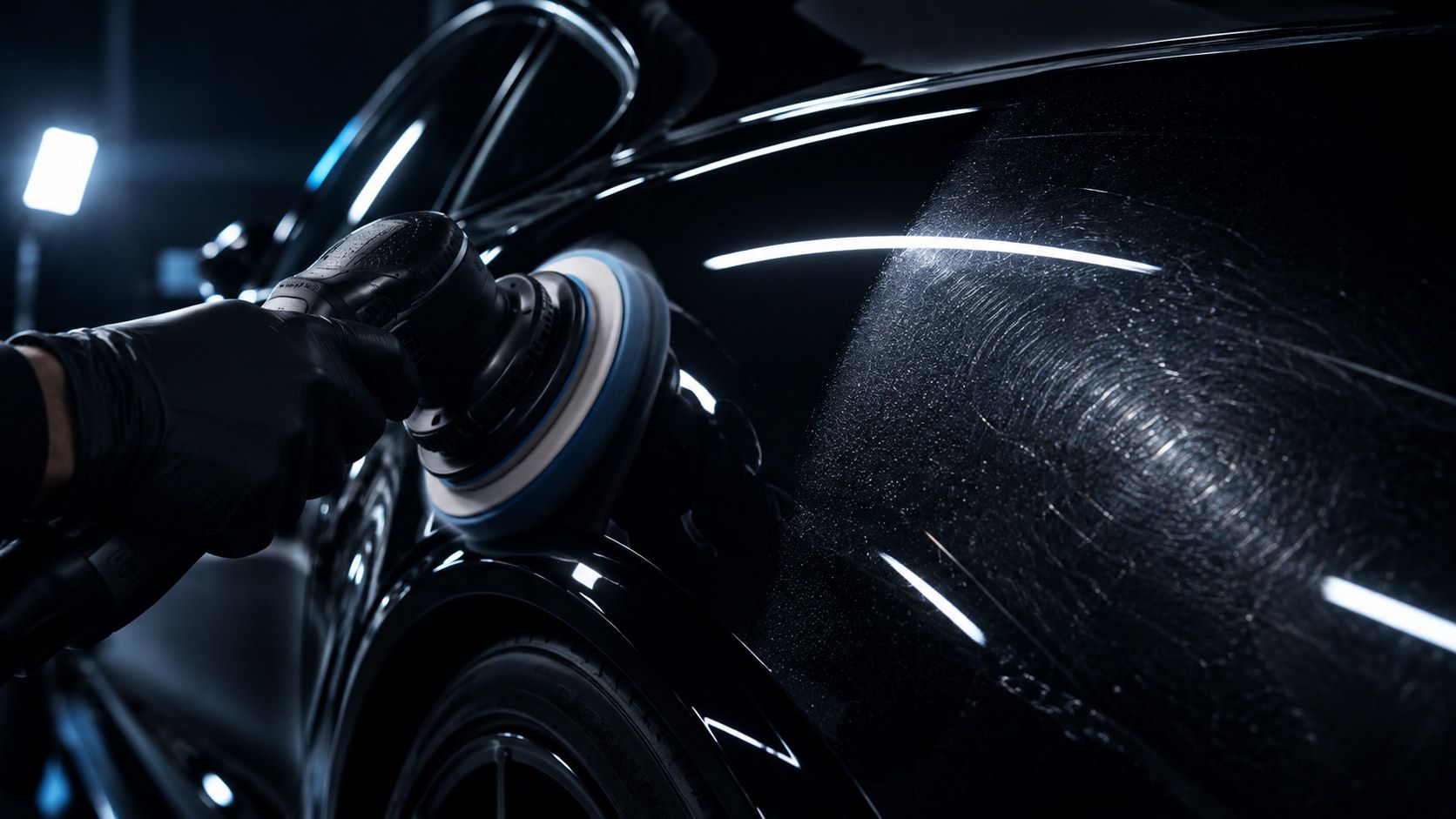 Machine polisher correcting swirl marks on dark vehicle paint under studio light